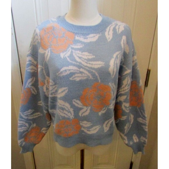 Mango Blue Floral Sweater Blue Crew Neck Knit Chelsea & Theodore NWT Size SP - Picture 2 of 8